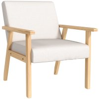 Fotoliu Modern HOMCOM cu 2 Perne din In si Picioare din Lemn de Pin, 64x70x72 cm, Alb Crem - 1
