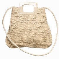 Geanta crossbody impletita cu manere din lemn, bej deschis - 1