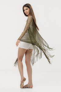 Poncho Kaki din Plasa cu Fir Auriu si Franjuri Lungimi - 1