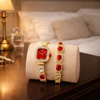 Set Elegant de Ceas si Bratara pentru Dama, Auriu cu Pietre Decorative - 1