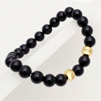 Bratara pietre semipretioase Onix lucios de 8 mm - Bilute din Argint 925 placat cu Aur Galben 18K - Snur elastic - 1