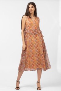 Rochie lunga diafana, orange, cu imprimeu oriental - 1