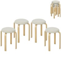Set de 4 taburete stivuibile HOMCOM, cu tapițerie confortabilă și picioare din lemn, Alb crem - 1
