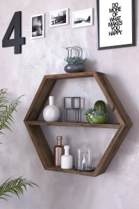 Raft de perete din lemn Hexagonal Homs, maro - 1