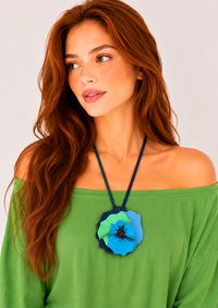 Colier din piele naturala cu trandafir handmade, nuante bleumarin, bleu si verde - 1