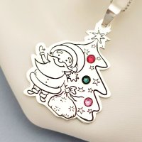 Lantisor personalizat de Craciun Chic Bijoux, pandantiv Mos si brad, argint 925 si cristale Swarovski - 1