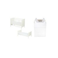 Set mobilier pentru copii Qmini: Patut multifunctional Julia 120x60 cm, saltea cocos-burete 10 cm si comoda cu masa infasat, Alb - 1