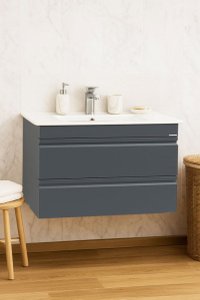 Set Baza Suspendata din MDF cu Lavoar seria 086, 80 cm, Antracit, cu Sertare - 1