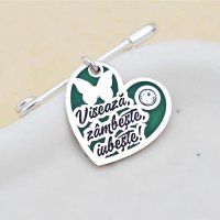 Brosa Ac de siguranta Inima cu Zambete - Personalizata - Argint 925 - Email Verde si Cristal Swarovski - 1