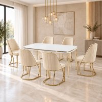 Set Elegant Masa cu 6 Scaune Bej pentru Bucatarie Reina Homs 80 x 140 cm Alb/Auriu - 1