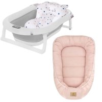 Set cadita pliabila Genua Premium, cu termometru, dop si suport anatomic, Gri si cosulet bebelus, Qmini, 55 x 75 cm, Husa 100% muselina dubla, Pink - 1