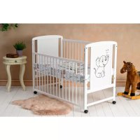 Patut Qmini Timmi Elephant, 120x60 cm, lemn de pin si MDF, alb, cu laterala culisanta, saltea reglabila pe 3 niveluri si saltea BabyNeeds Cocos Confort de 12 cm - 1
