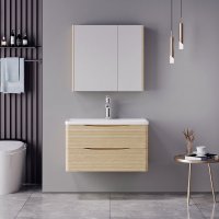 Set mobilier baie cu lavoar, baterie si dulapior dublu cu oglinda, Tzouena Mentis, Stejar, 84x51.5x57 cm - 1
