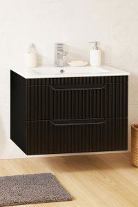 Set Baza Suspendata MDF cu Lavoar Seria 033, 70 cm, Negru, cu Sertare - 1