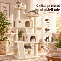 AMYDO Home Vienna - Ansamblu de Joaca pentru Pisici cu 5 Etaje si 2 Casute, MDF si Sisal, Elemente Atarnate si Hamac Bej, Dimensiuni 60x60x166cm - 7