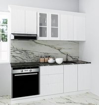 Set bucatarie SPACE 200 cm, 6 corpuri, corp cuptor, cu sertare, blat termorezistent, fronturi MDF, alb rustic - 1