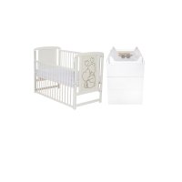 Set mobilier pentru copii Qmini: Patut din lemn de pin cu laterala culisanta, saltea cocos-burete-cocos si comoda cu masuta de infasat, Alb - 1