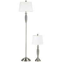 Set HOMCOM de Lampi din Oțel si Material Textil, Alb si Argintiu | Lampa de Podea si Lampa de Birou - 1