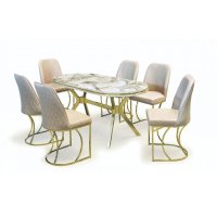 Set TIMARA, masa cu 6 scaune, ovala, 6 persoane, marmura efes + auriu + bej, 160x80 cm - 1