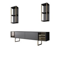 Comoda TV GOLD LINE, cu rafturi de perete, antracit + negru, 180x30x48 cm - 1