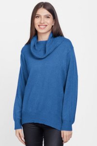 Pulover cu guler inalt elegant, din vascoza si lana, albastru - 1