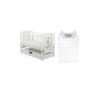 Set mobilier pentru copii, BabyNeeds: Patut cu sertar din lemn de pin si MDF, cu somiera reglabila in 3 trepte, Timmi Girafa, 120x60 cm + Saltea cocos-burete-cocos, 10 cm + Comoda cu masuta de infasat, Alb - 1