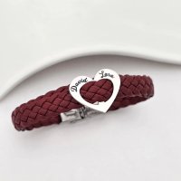 Bratara Chic Bijoux personalizata cu charm inima gravat cu nume, piele impletita visinie si argint 925 - 1