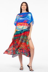 Rochie de plaja lunga tip poncho din matase cu pictura camp de maci si cer albastru - 1