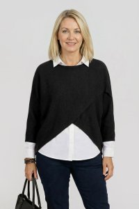 Pulover asimetric tip poncho, negru cu maneci fluture - 1