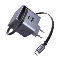UGREEN 65W GaN Fast Charger X615 cu cablu retractabil - Incarcator rapid 3-in-1, 2 x USB-C + 1 x USB-A, Gri - 1