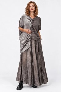 Bluza oversize asimetrica din bumbac si vascoza cu fronseu reglabil, mov taupe - 1