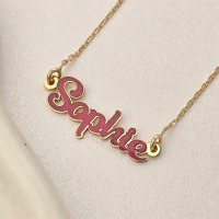 Lantisor cu nume si email roz - Argint 925 placat cu Aur Galben 18K - 1