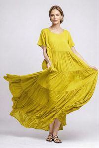 Rochie lunga, croi amplu cu patru volane, stil boem elegant galbena - 1