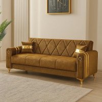 Canapea extensibila cu lada de depozitare 220x87x93 cm, maro si detalii aurii – Camara - 1