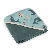 Prosop cu gluga Petite&Mars Loulou, 100 x 100 cm, 70% bambus si 30% bumbac, Oeko-Tex Standard 100, hipoalergenic, respirabil, Balene Verzi - 1