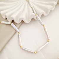 Lantisor cu Perle - Simplitate catifelata - Model sirag de perle stick silver si bilute din Argint 925 placat cu Aur Galben 18K - 1