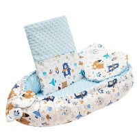 Set 3 Piese New Baby Bears - Cuib Luxos pentru Bebei cu Plapuma si Pernuta in Forma de Inima, Minky Bears Blue - 1