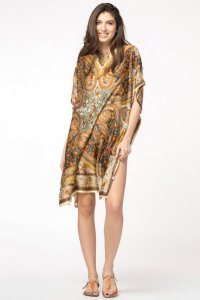 Rochie de plaja poncho din matase cu design oriental pe fond bej - 1
