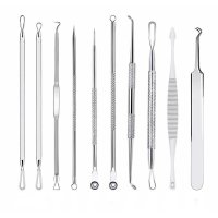 Set de 10 pensete pentru extractie puncte negre, comedoane, acnee, ustensile cosmetice din otel inoxidabil, 12 cm - 1