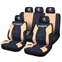 Set universal de huse pentru scaune Peugeot, negru si crem, cu logo pe tetiere - 1