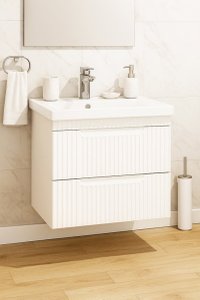 Set Baza Suspendata MDF si Lavoar 733, 60 cm, Alb Rustic cu Sertare - 1