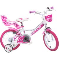 Bicicleta copii Dino Bikes Little Heart alb si roz 14 inch, varsta 4-7 ani, inaltimea 95-115 cm, frana de mana pe roata din fataspate, cosulet fata si scaun pentru papusa in spate, pinion spate fix, roti ajutatoare detasabi - 2