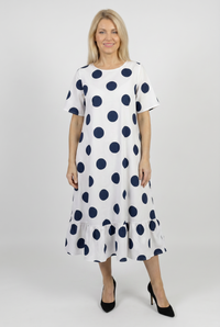 Rochie Midi A-Line cu Volan si Imprimeu Buline Alb-Bleumarin - 1