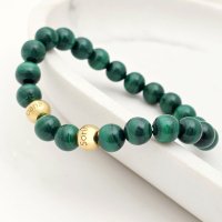 Bratara pietre semipretioase Malachit de 8 mm - Bilute din Argint 925 placat cu Aur Galben 18K - Snur elastic - 1