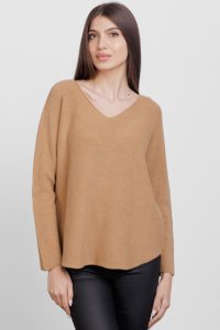 Pulover versatil cu decolteu V, din vascoza, camel - 1