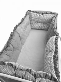 Lenjerie patut 120x60 cm cu 6 aparatori pufoase, cearsaf si paturica Zig zag buline gri - 1