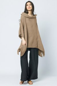 Bluza lunga din in cu gluga si colturi laterale, nuanta camel - 1