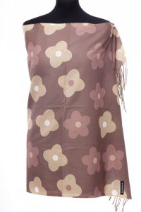 Esarfa tip casmir cu flori bej pe fond camel, reversibila - 1