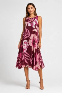 Rochie midi roz bordo din vascoza cu imprimeu floral si croi asimetric - 1
