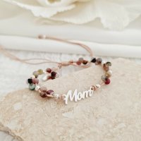 Bratara Vitalitate - Legatura materna - Mom, charm inima si bilute din Argint 925 - Pietre semipretioase Turmalina fatetata - Snur nude - 1